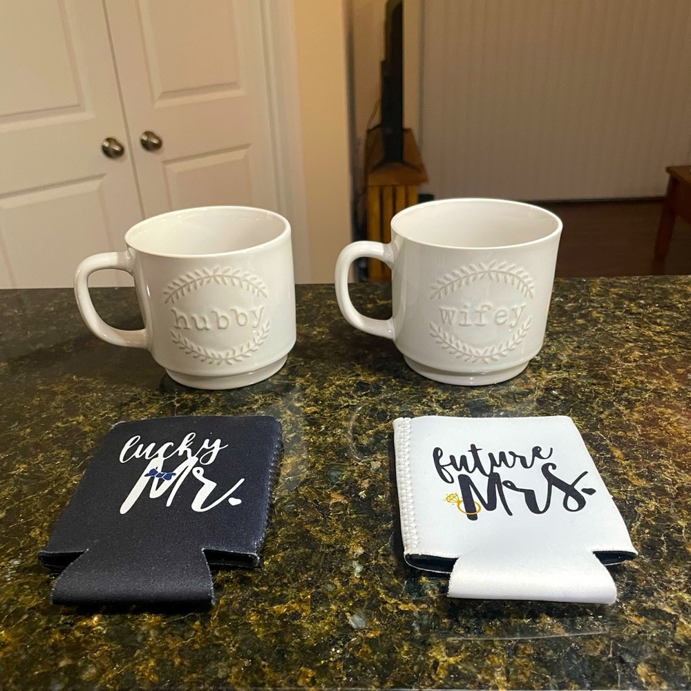 Hubby and Wife Coffee Mugs with Beer Koozies